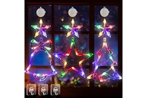 Fulybao LED Christmas Window Light, 3Pcs Hanging Multicolored Window Christmas Lights with Stars, Christmas Tree, Bell, Battery Powered & Timer, Outdoor Indoor Party Shop Window Xmas Decorations
