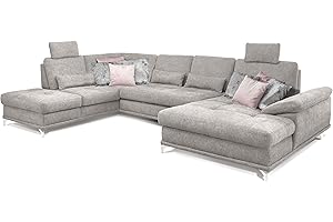 ‎CAVADORE Cavadore Wohnlandschaft Castiel mit Federkern / Großes U-Form-Sofa mit Schlaffunktion, Sitztiefenverstellung und Kopfstützen / 368 x 114 x 232 / Webstoff, Hellgrau