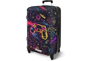 NoBoringSuitcases.com® Koffer Kinder Groß 67x43x25 cm Kinderreisekoffer Kinderkoffer mit Roller Leicht Trolly Große M Hartschalenkoffer Kind Gaming - Graffiti - Neon - Farbenfroh