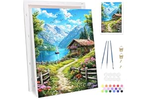 Bowetile Peinture par Numéros Village de Montagne Avec Cadre pour Adultes, Kit Paysage Peinture Numero pour Débutants Kit Toile, DIY Peinture Acrylique pour Décoration de la Maison 20x30cm