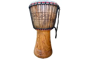 AFRICAN MUSICAL INSTRUMENTS AMI 13-Inch Authentic Ghanaian Djembe Drum With Beautiful Hand Carvings - Comes With Three Free Instruments Worth £35