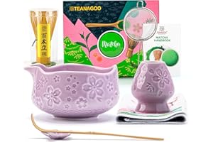 ‎TEANAGOO TEANAGOO 7-częściowy fioletowy zestaw trzepaczek matcha z motywem kwiatu wiśni, kompletny zestaw ceremonii, ceramiczna miska do chawan z wylewką, trzepaczką i akcesoriami, tradycyjny zestaw do herbaty