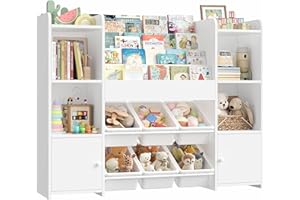 FOREHILL Meuble Rangement Enfant Bibliothèque Enfant avec 6 Boîtes Amovibles 12 Étagères Rangement Jouet Enfant pour Chambre d’Enfant Salle de Jeu Blanc