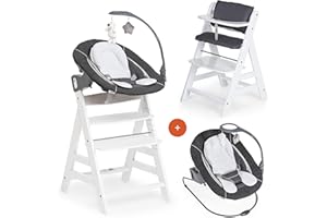 hauck Alpha Plus Newborn Set Deluxe Trona Evolutiva Bebe con Hamaca, Cojín y Arnés - Hamaca Alta Reclinable desde el Nacimiento - Silla Madera Niño Regulable - Tronas Infantiles de Madera - Blanco