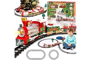 YGVQN Tren Eléctrico Navideño con Luces y Sonidos, Locomotora a Batería con 3 Vagones, Ferrocarril para Niños Juguete Fácil de Ensamblar, Decoración de Navidad y Regalo Juguete para Niños de 3+ Años