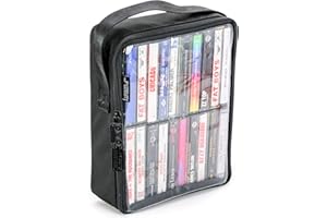 Fydelity Audio Cassette Tape Storage Case Holds 20 Cassettes | Rigid Sides, Clear Zipper Top, Cassette Tape Holder for Car - Music cassette tape case w/Carry Handle - Matte Black
