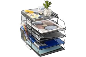 ZNMYDMT 5-stufiges stapelbares Briefkasten Office Desk Paper Organizer-Aktenfächer, Desktop-Halter für Papierbriefzubehör mit Stifthalter (Schwarz)