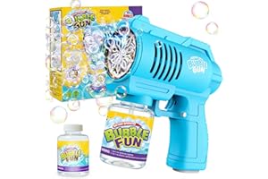 BUBOJOY Pistolet à Bulles pour Enfants, Machine à Bulles Automatique 10000+ Bulles/Min avec Solution, Souffleur de Bulles Silencieux avec Lumières pour en Plein air Fêtes Mariage- Bleu