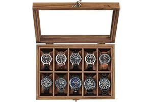 SONGMICS Caja para Relojes con 10 Compartimentos, Madera Maciza, con Tapa de Cristal, Cojín, Regalo para Queridos, Nogal Rústico JOW100K01