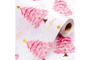 Wikadlik Watercolor Christmas Wrapping Paper Roll - 43cm x 10m Pink Christmas Trees Design Gift Wrap Paper with Grid Cutting Line