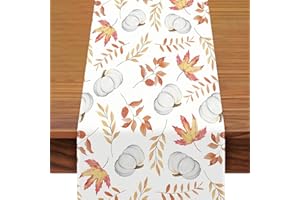 QKEINV Fall Orange Pumpkin Maple Leaves Table Runners, Autumn Table Runner, Autumn Maple Leaves Table Runners, Autumn Decoration, Kitchen Dining Table Decor Ideal for Dining and Living Rooms, 33x183cm