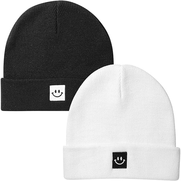 3-Pack Baby Beanie Hats With Smiley Face - Toddler Winter Hats In Camel, Black & Grey