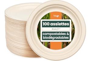 HAAGO Assiettes Jetables en Bagasse de Canne À Sucre - Pour Les Fêtes, Les Mariages, Les Barbecues - Assiettes À Dessert - Écologiques et Compostable à la Maison (100, 18cm)