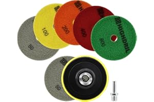 HIGHDRIL Disque de Polissage Diamant Set - 6 Pièces 100mm Grain #50X2/100/200/400/800 + Support Plastique + Adaptateur Humide Diamant Polissage Pads pour Marbre Granite Pierre Béton