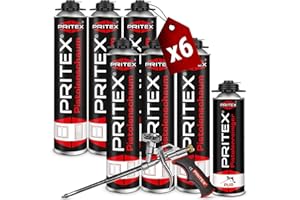 PRITEX – Bauschaum Set 6 x 750 ml Pistolenschaum inkl. Pistolenreiniger 500 ml und Schaumpistole – Montageschaum zum Verfüllen, Dämmen & Abdichten – PU-Schaum mit hervorragender Schall- & Wärmedämmung