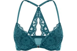 DOBREVA Biustonosz Damski Push Up Racerback Z Zapięciem Z Przodu Koronkowe Wyściełane Fiszbiny Z Głębokim Kwiatowym Wzorem