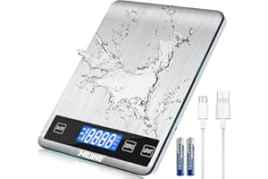 MOJINO Balance De Cuisine, 15 KG / 33 LB Balance Alimentaire Numériques avec 5 Units g/oz/ml Acier Inoxydable avec Écran LCD Rétroéclairé pour La Cuisson Du Café,Rechargeable par USB