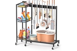 Bikoney Soporte para Escobas y Organizador de Limpieza con Ganchos, Colgador para Fregonas y Carro de Limpieza para Lavadero y Uso Doméstico o Profesional