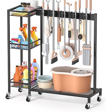 Accroche Balai DUHARS Serpillere Sur Porte, Avec 4 Pince A Balai Et 4 Crochets Sans Percer, Range Outils De Jardin, Balais, Serpillere, Rangement Balai Suspendu Porte, Buanderie, Garage, Cuisine Accroche Balai Mural