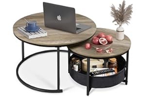 WLIVE Tavolino, Set di 2 Tavolino da Caffè con Cestino in Tessuto, Stile Moderno, Design Industriale, 80/60 CM per Il Soggiorno, Grigio