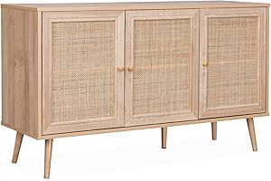 Alice's Home sweeek - Aparador de caña 120x39x70cm - Bohème - 2 Niveles, 3 Puertas, Patas escandinavas, Natural