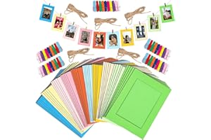 Tanstic 105Pcs 5 Inch 10 Colors Paper Picture Frames Kit with Wooden Clips and String, Cardboard Picture Frames DIY Cardboard Photo Hanging Display Paper Photo Frame Cards Gallery Frames