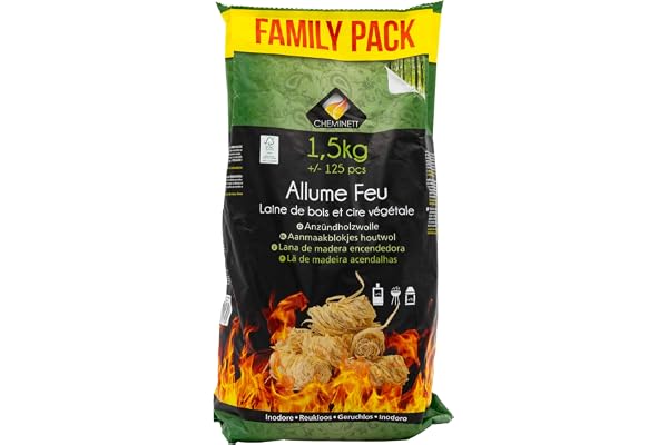 Cheminett - Laine de Bois - Allume Feu 100% Naturel - 1,5 kg, +/- 125 Pièces - À Base de Cire Végétale PREMIUM et de Bois Certifié FSC - Temps de Combustion 8 à 10 min