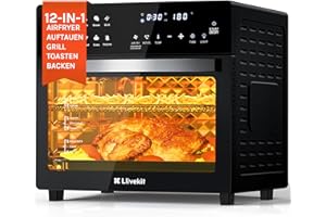 LLIVEKIT Air Fryer Mini Oven with Rotisserie 26L Large Family Size Countertop Convection Oven Low Fat Oil-Less Cooking, Timer & Temperature Control, 12 Preset Programs, 1700 Watts