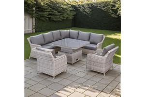 Rattan park Sicily Range 8 Seater Rattan Garden Furniture Aluminium Round Corner sofa Set with Rising Table in Grey Weave (8 Seater Corner Sofa)