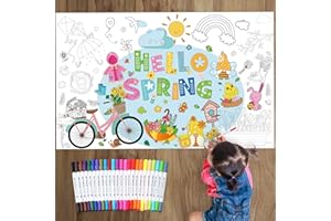 Faccito Hello Spring Giant Coloring Poster with 24 Watercolor Pens 50 x 32 Inch Large Coloring Poster Jumbo Coloring Banner Table Cover Wall Decor for Kids Coloring Painting Craft Spring Party Supply