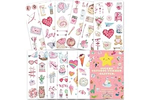 SUGERU® 100+ Glitterati Tatuaggi per Bambini(12Fogli),Pelle amichevole Tatuaggi Temporanei Finti per Ragazze Ragazzi,tatuaggio Tattoo Gadget Compleanno Bambini//Inchiostro di soia naturale (Love)