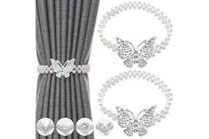 IAGORYUE Curtain Tie backs 2 Pcs Metal TieBacks with Classy Small Pearl Elastic Rope Curtains Hold Holdbacks for Home Office Hotel Window Drape Deco No-Install/Drill/Hooks/Magnetic (Silver Butterfly)