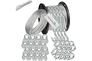 Renomo24 Drahtseil Set 6 - Stahlseil 40m 6mm 6x7 verzinkt und ummantelt, 4x Spannschloss Haken/Öse, 16x Bügelklemmen, 16x Kauschen, 176517974