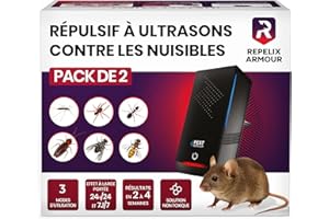 REPELIX ARMOUR Répulsif à ultrasons Contre Les nuisibles pour intérieur – Pack de 2 – Couvre 140m² par Appareil – 3 Modes – Repousse Souris, Rats, araignées, moustiques, Fourmis, Insectes & Mouches, HX-168 (Noir)