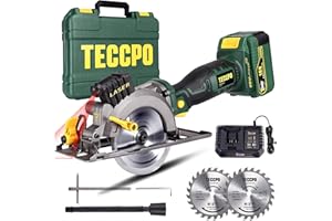 TECCPO - Sega circolare senza fili, con Laser, 18 V 4,0 Ah, batteria 1 ore, caricatore rapido, 4500 RPM, angolo regolabile a 45 °, scatola di trasporto, 2 lame da 115 mm (24 T) per il legno TDMS22P