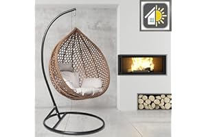 GOODS EMPORIUM Luxury Rattan Hanging Egg Chair Outdoor & Indoor Garden Swing Chair Hammock with Cushions - FREE COVER INCLUDED (Medium, Black - Brown - Grey)