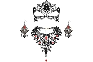 Finrezio Gothic Choker Halloween Black Necklace and Earrings Set for Women Gothic Red Pendant Choker Mask Lace Dangle Earrings Halloween Jewellery Set for a Halloween Costume Cosplay