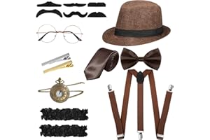 Blulu Set Accessori Costumi Uomo Anni '20 Costume da Gangster Retrò, Cappello, Papillon, Orologio, Bretella, Occhiali, Barba, Bracciale Reggicalze, Fermacravatte (Stile Semplice, Marrone)