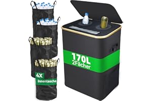 DanzeyGreen 170L Pfandflaschen Sammelbehälter mit Deckel,2 Fächer,4 Flaschentaschen,Großer Pfandbehälter,Flaschensammler leergut geeignet für Küche und Speisekammer,Schwarz (170L)
