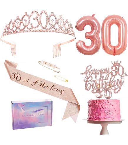 Fascia E Corona Per 30° Compleanno Donna – Oro Rosa – Set Con Scritta '30 & FABULOUS' E Tiara 'FABULOUS'