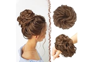 FESHFEN Moños Postizos, Natural Rizado Ondulado Postizo Moño Sintético Extensiones de Cabello Pelo Desordenado Coleta Postiza para Mujer 55g, Castaño Rojizo Medio