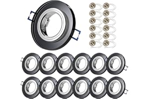 Sweet Led Juego de 12 focos empotrables de 230 V – GU10 de cristal negro, incluye portalámparas, marco de montaje, diámetro 68 mm, marco redondo para techo