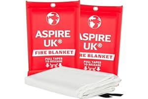 ASPIRE UK 1M x 1M Fire Blanket - 2 Pack - Fiberglass Fire Suppression Blanket for Kitchen, Home, Office & Caravan