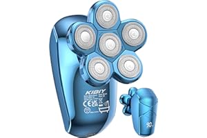 Rasoio testa calva, Kibiy 5 in 1 LED rasoio testa con 6 testine di rasatura rotanti, 100% impermeabile rasoio capelli uomo testa calva, ricaricabile di tipo C, kit per la cura dei peli di barba e naso