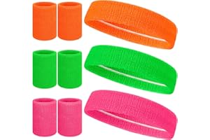 taonganui 9 Stück 80s Sportstirnband mit Armband Schweißband Set Neon 3 Farben Vintage Mottoparty Sport Schweißbänder Baumwolle Saugfähige für 80er Jahre Thema Party Fasching & Karneval