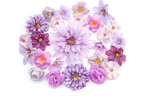 MOTONG 30 Stück Kunstblumen zum Basteln Deko Köpfe, Künstliche Blumen Seidenblumen Dekoblumen Kopfzeile for Home Decor Brautstrauß Deko Blumen Lila deko Hochzeitsdeko Tisch Party Valentinstag