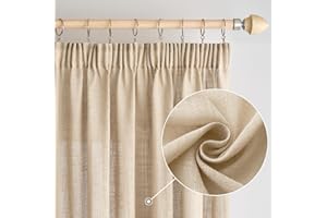 Woaboy Leinen Gardinen mit Kräuselband Vorhänge Wohnzimmer Leinenoptik Halbtransparent Stores Gardine Schlafzimmer Modern Schlaufengardinen 2er Set 140x225cm (BxH) Beige