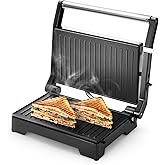 Longway Crisp Master 1000 W Electric Panini Sandwich Maker, Grill & Toaster | Non-stick Coating Cast Aluminum Plates | Adjustable Height Control & Flo