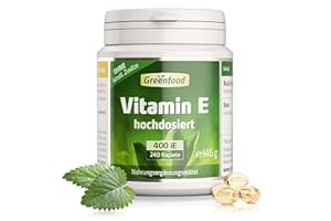 ‎GREENFOOD Vitamin E, hochdosiert, 400 iE - 240 Kapseln (Softgel). Hochwertiges Tocopherol – schützt die Zellen vor oxidativem Stress (Antioxidant). OHNE künstliche Zusätze - laborgeprüft. Von Greenfood.