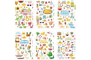 XIHIRCD 344pcs Hello Summer Stickers for Kids, 12 Sheets Happy Cartoon Vacation Stickers Decals Pool, Pineapple, Sun Colorful Beach Sticker for Hawaii Party Favors, Holiday, Scrapbooking, Journal, Craft